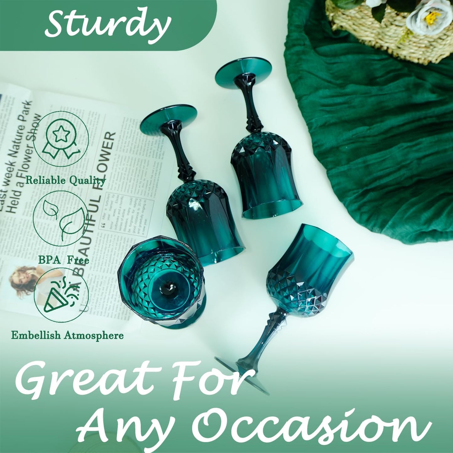 Plastic Wine Glasses,Plastic Goblets Vintage Style Cordial Drinking Glasses for Wedding Reception, Christmas Grand Event Party Supplies (12, Green)