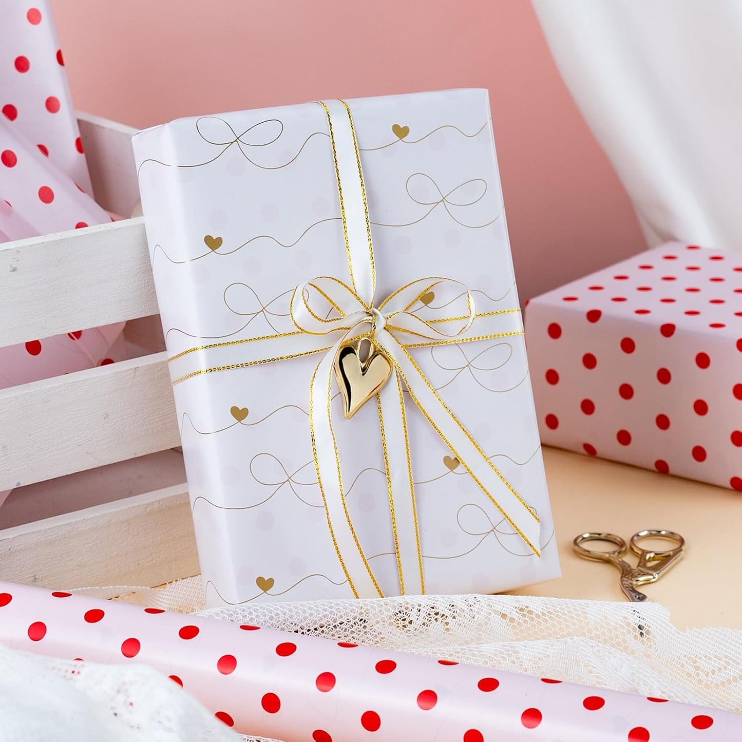 Flyhill Red Polka Dot Wrapping Paper,Reversible Pink Gold Elegant Bow & Heart Gift Wrap Suitable for Birthday,Girls,Baby Shower,Wedding (17 Inch X 32.8 Feet)