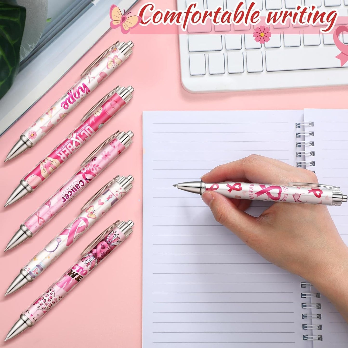 24 Pcs Breast Cancer Awareness Gift Pen Pink Ribbon Black Ink Ballpoint Writing Pen Breast Cancer Awareness Party Favors Pink Ribbon Party Supplies Accessories Item Bulk Gift for Women Nurse