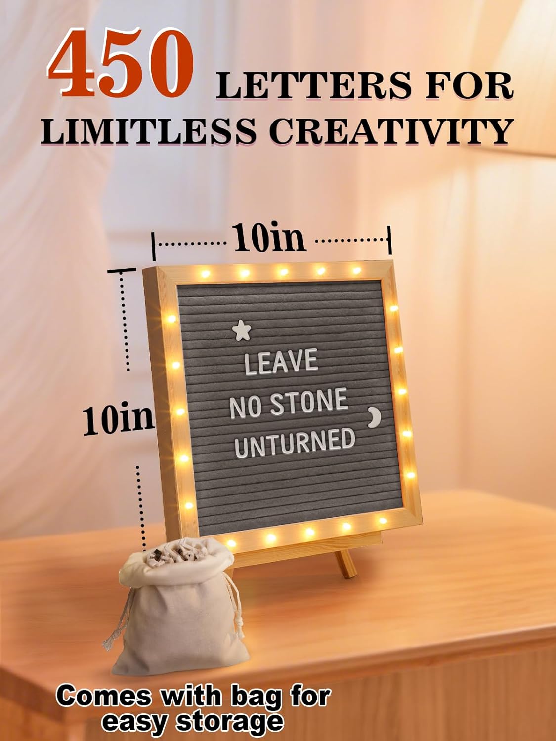 Light up Changeable Felt Letter Board Sign with LED Lights - 10×10" Message Board & Wood Stand & 450 Letters, for Halloween/Birthday/Event/Pregnancy/Baby Announcement/Home Wall Decor Gifts, Grey