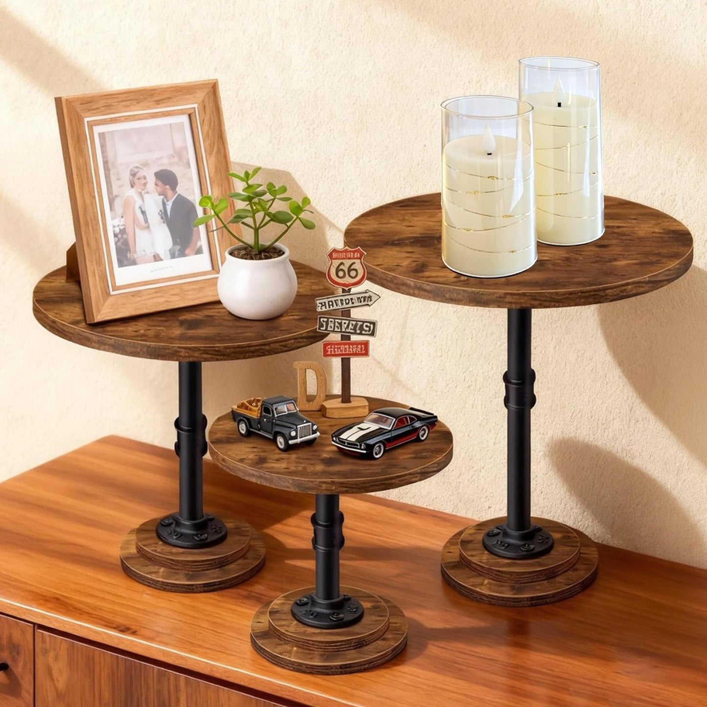 LLAXERGU Cake Stand Set of 3, Rustic Industrial Wood Round Cupcake Stands