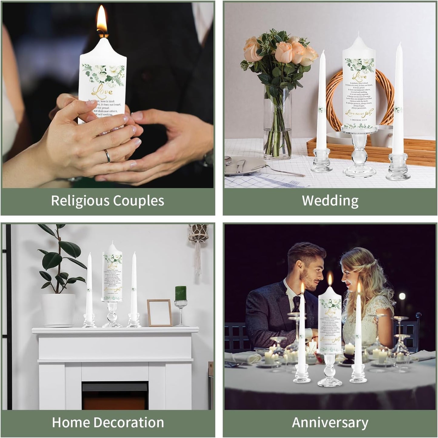 Extrogif 3 Unity Wedding Candles Set with Candle Holder for Ceremony Set, Glass Candlesticks and Pillar Taper Candles - Catholic Bible Religious Weddings Accessories