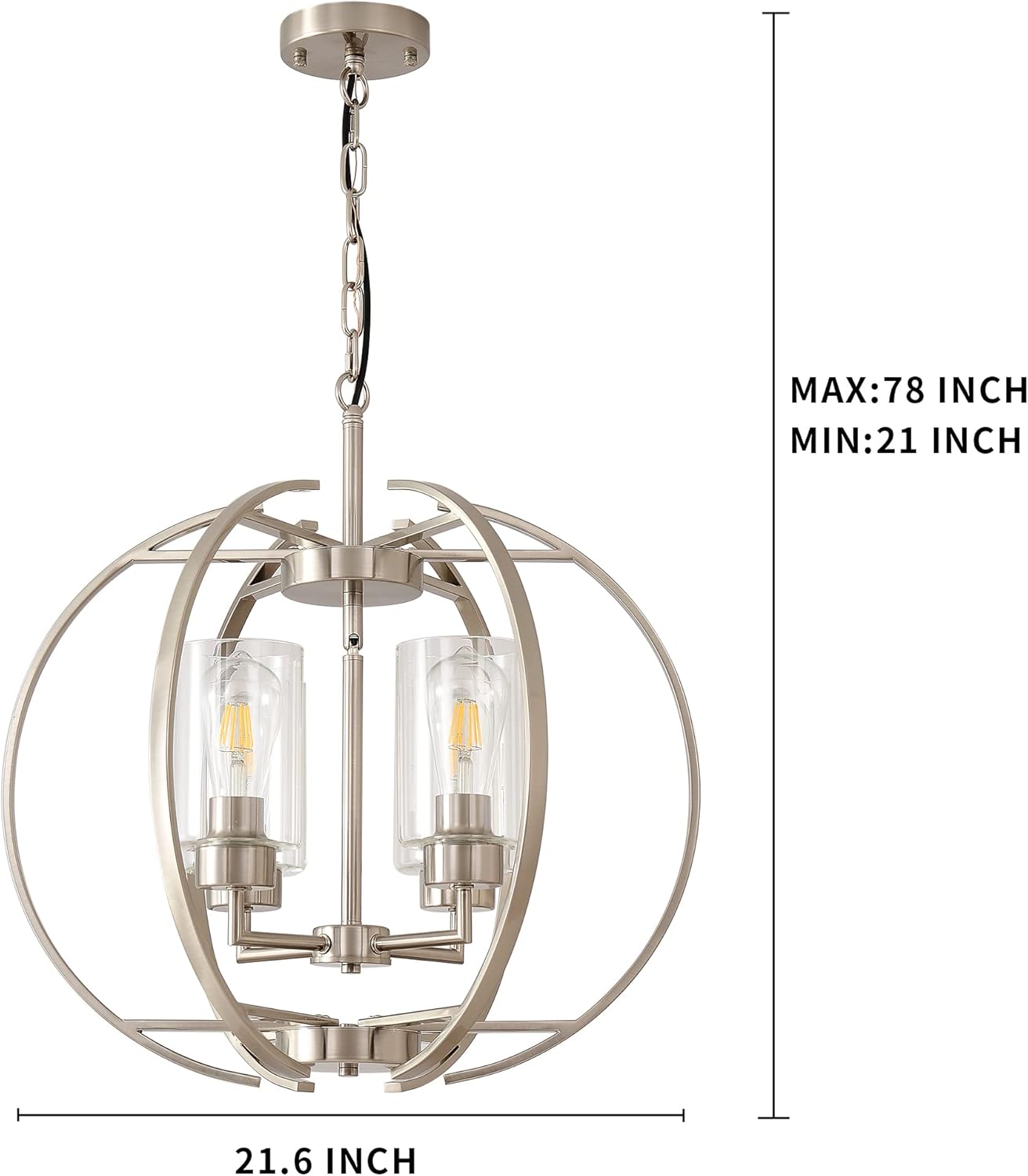 Large Lantern Globe Brushed Nickel Chandelier Lighting, Adjustable Hanging Ceiling Pendant 4 Light for Kitchen, Dining Room, Living Room, Hallway, Bedroom