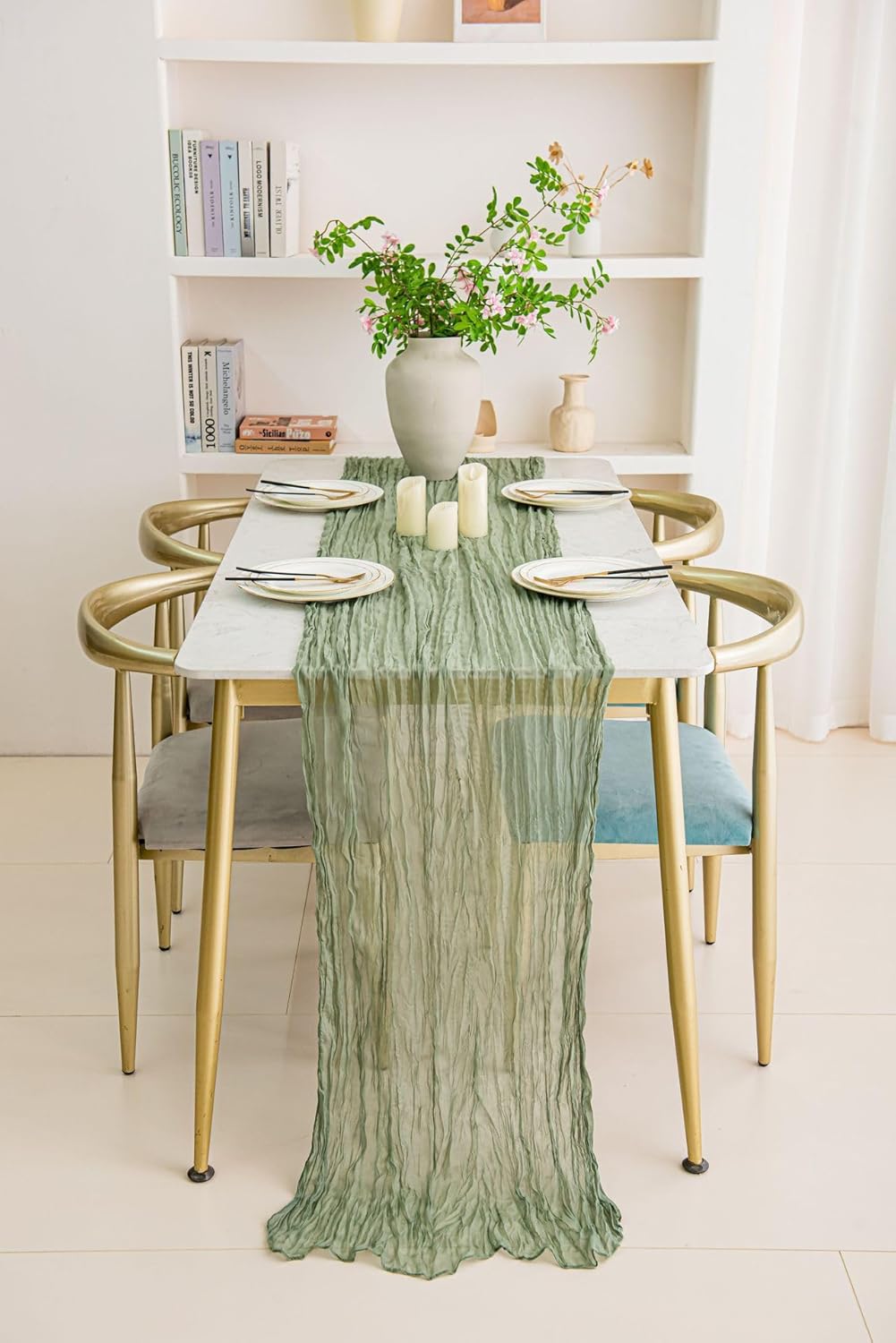 6 Pack Sage Green Cheesecloth Table Runner 20x120 Inch Boho Wrinkled Sheer Romantic Gauze Decor for Wedding, Bridal Shower, Birthday Party