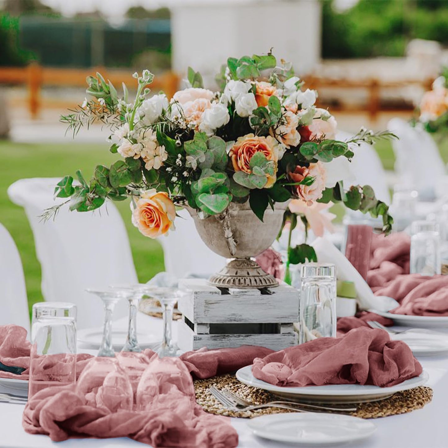 Hahuho Dusty Pink Cheesecloth Table Runner 10ft, Gauze Boho Rustic Table Runners for Wedding Birthday Party Baby Shower Decorations(6 Pack , 35x120 Inches)