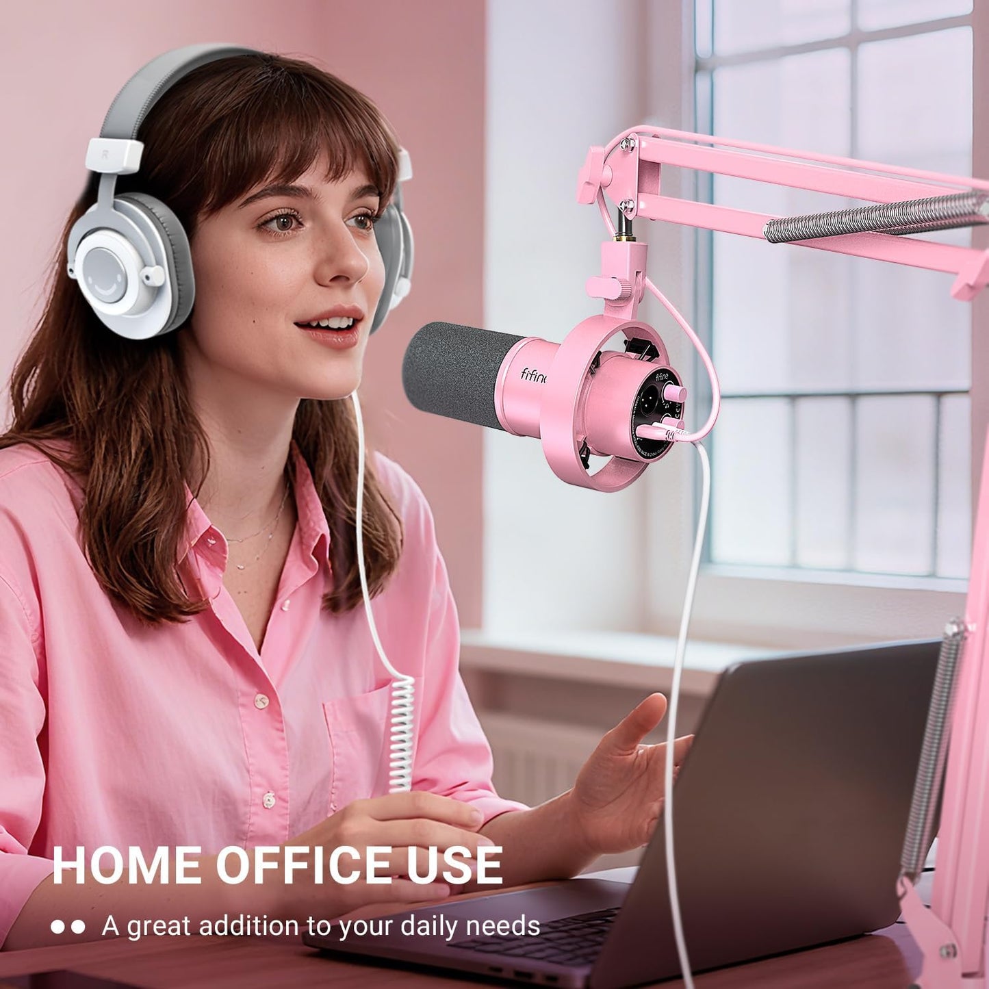 FIFINE Boom Arm Mic Stand, Microphone Arm with Desk Mount for Podcast Streaming Gaming Home Studio, Metal Suspension Scissor Boom Mic Stand-CS1 Pink