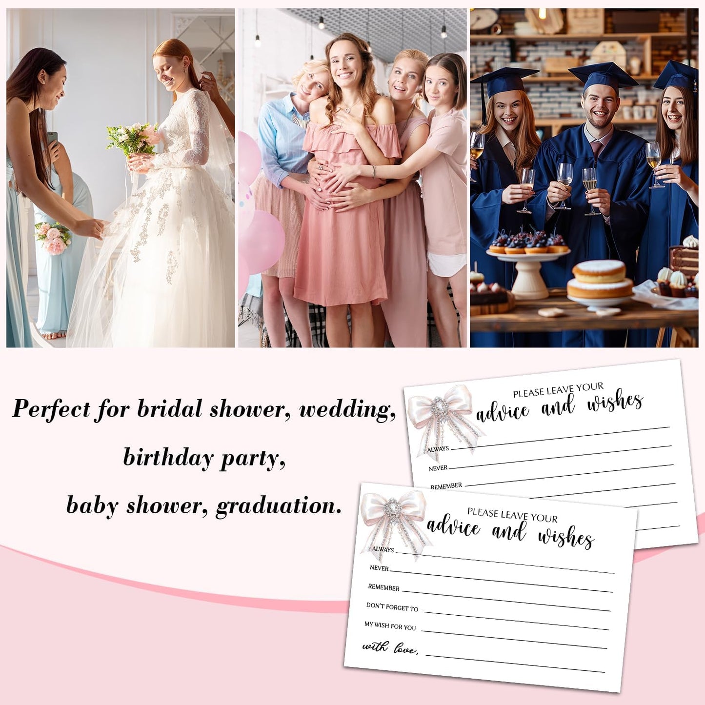 25 Advice and Wishes Cards, White Bow Fill-In Advice Cards for Bridal Shower Wedding Birthday Party Baby Shower Graduation Party, Well Wishes Card for Mr & Mrs Adults, Party Supplies -03