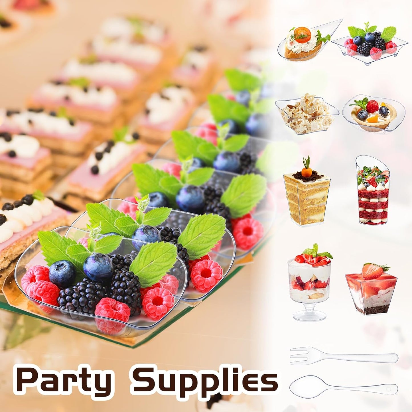 Tessco for you 160 Pcs Mini Appetizer Plates Dessert Cups Spoons Forks Set Dessert Containers Assorted Shape Plastic Parfait Cups Disposable Spoon Forks for Party Serving (Clear)