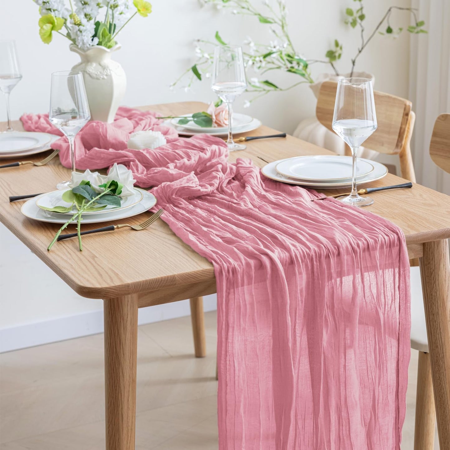Asee'm 6pcs Cheesecloth Table Runner 120 Inches Long Pink Boho Gauze Cheese Cloth Runner 10FT Rustic Sheer Table Runners for Christmas Wedding Party Baby Shower Spring Easter Decoration