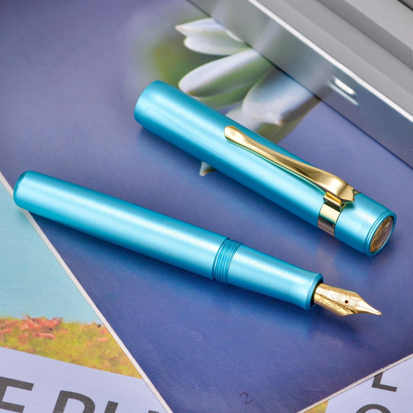 HONG DIAN M2 Black Forest Mini Fountain Pen, Fine Soft Nib & Sleek Shape Aluminium Short Pocket Travel Pen (Lake Blue)