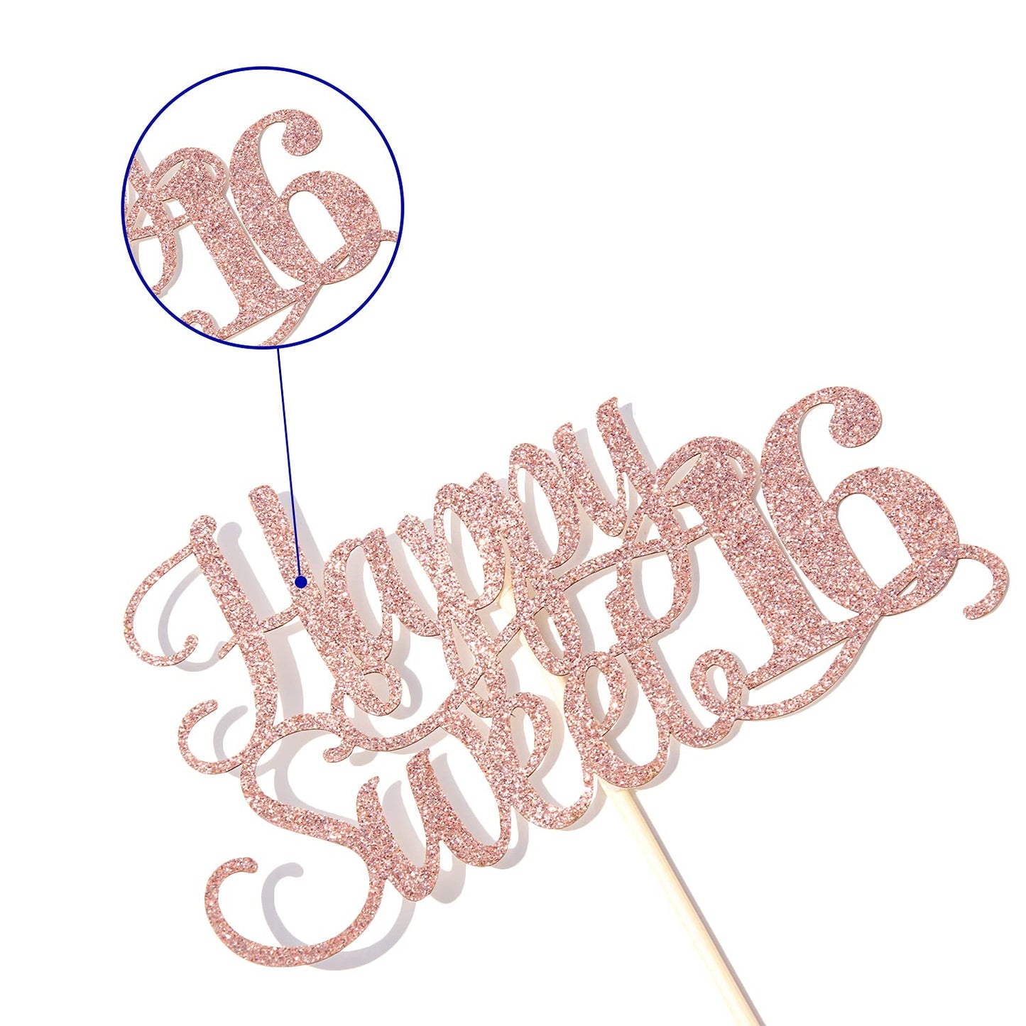 Rose Gold Glitter Happy Sweet 16 Cake Topper - Happy 16th Birthday Cake Decor - Hello 16, Cheers to
