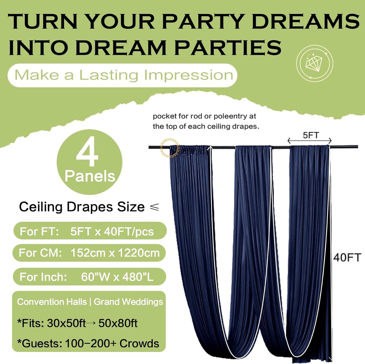 PartyVillage 20ftx40ft Navy Blue Ceiling Curtain for Wedding Parties – 4 Panels Wrinkle-Free 40 FT Long Tent Draping Curtains for Wedding, Birthday & Theme Parties, 40ft Height with Rod Pocket