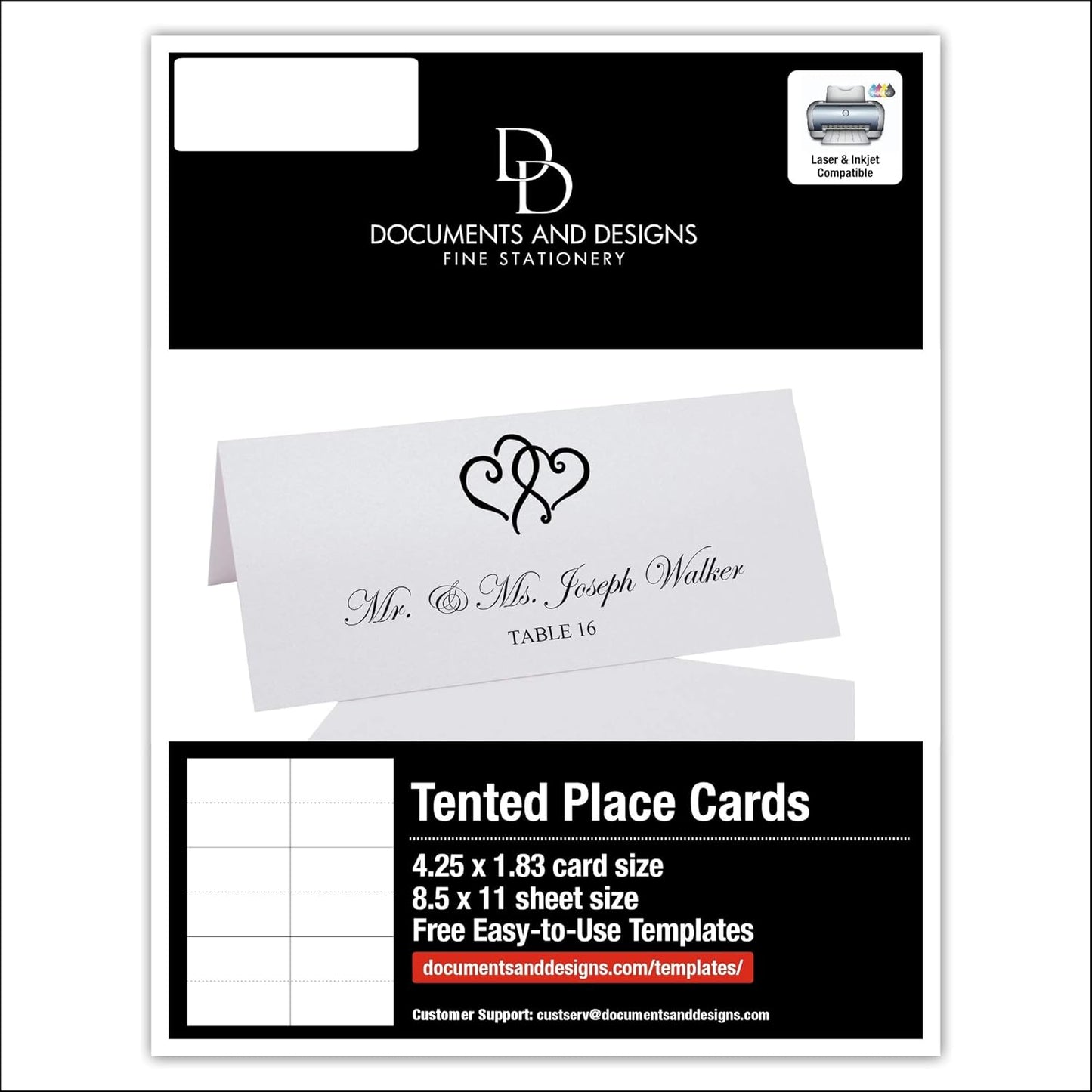 Linked Hearts Printable Place Cards, Black (Choose Color), Set of 60 (10 Sheets), Laser & Inkjet Printers - Wedding, Party, Dinner, and Special Events - Made in the USA