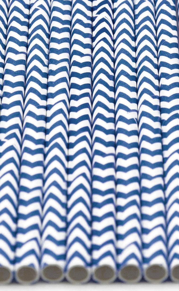 Pack of 900 Navy Blue Chevron Biodegradable 4-Ply Paper Drinking Straws (Compostable, Non-toxic, BPA-free)