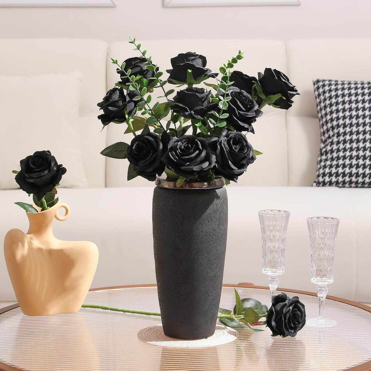 Tifuly Black Roses Artificial Flowers -12 pcs Realistic Single Long Stem Fake Silk Roses Bouquet for Party Home Wedding Centerpiece Office Halloween DIY Decor