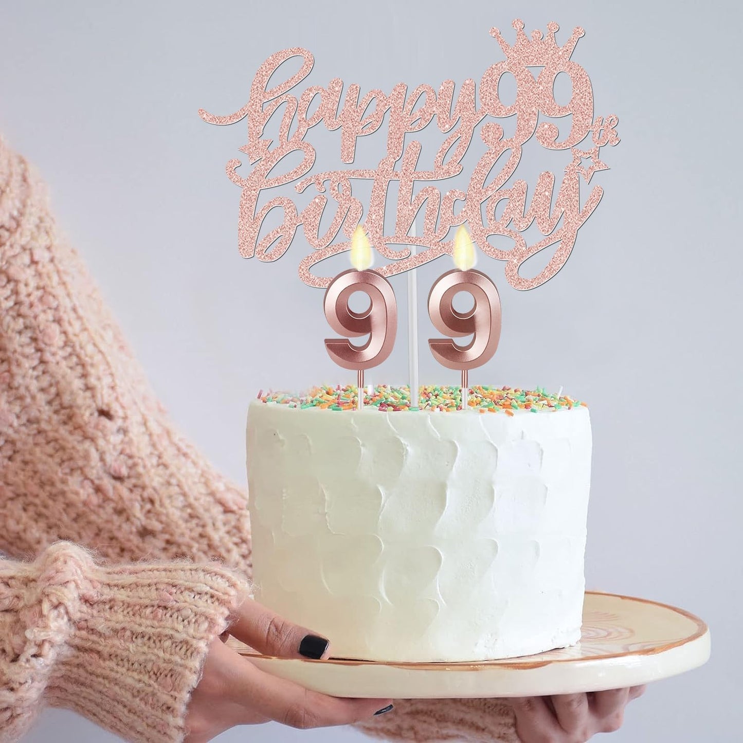 99th Birthday Decorations for Women Including Birthday Sash and Tiara, Candles and Cake Topper, Gifts for 99 Year Old Woman, Rose Gold Party Decor Supplies