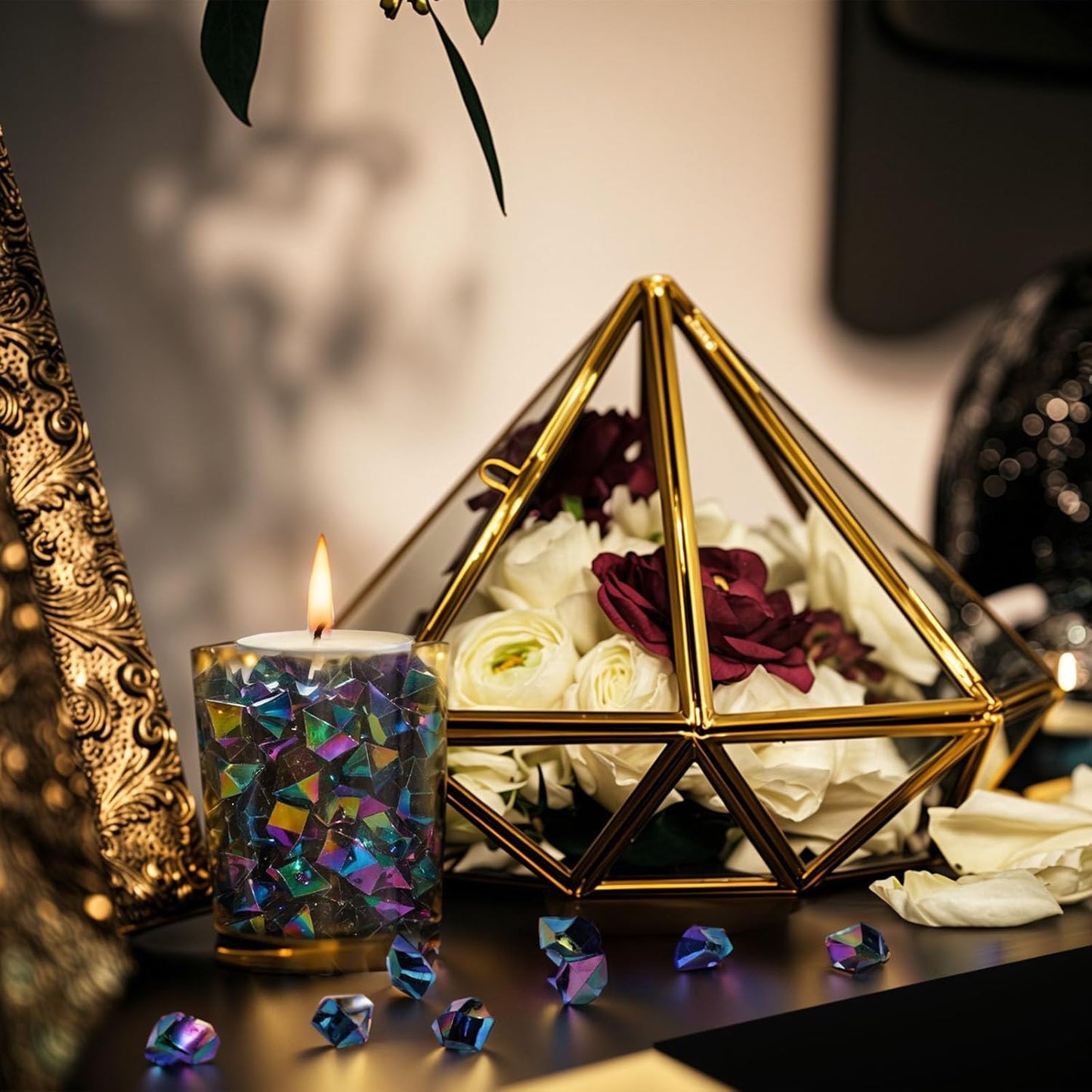 DomeStar 150PCS Iridescent Black Fake Ice, 2.5Cups Acrylic Gems Crystals Black Purple Rocks Diamonds Vase Centerpiece for Vase Fillers Party Table Scatter Wedding Food Display