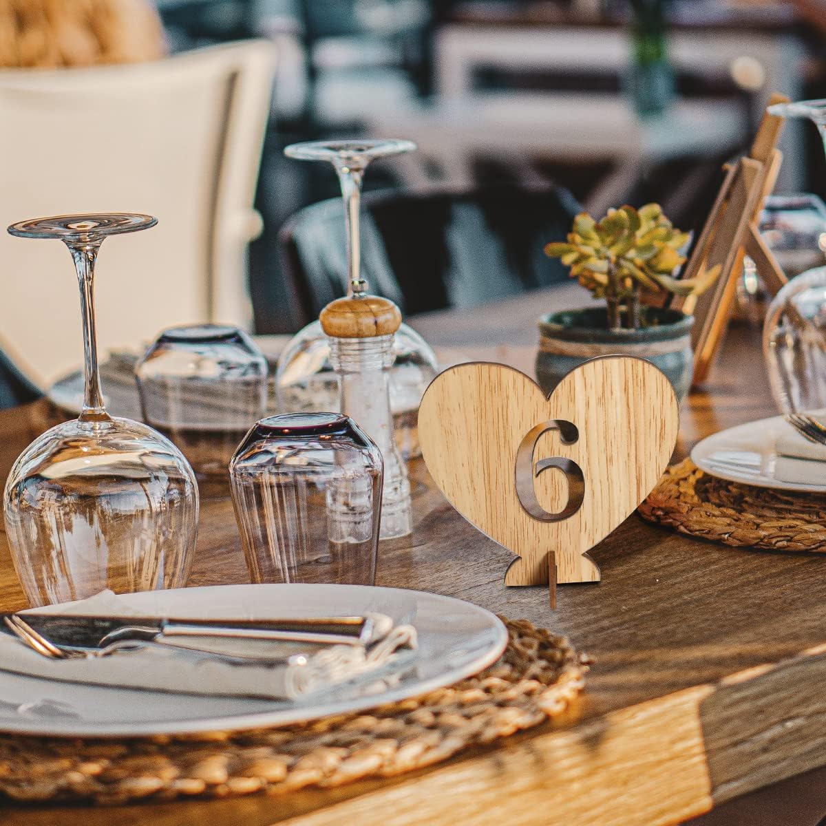 Heart Shape Wooden Table Numbers 1-20 With Holder Base - Rustic Hollow Out Wood Cards for Wedding, Party, Event Decoration