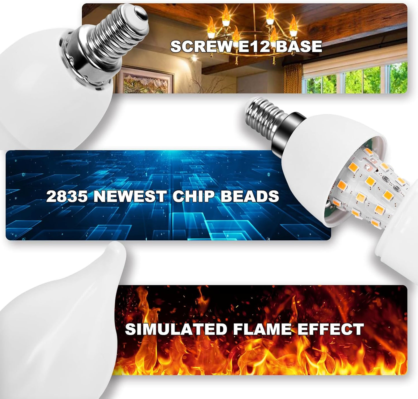 E12 LED Flickering Candelabra Flame Effect Light Bulbs - Upgrade Flicker Candelabra Torch Fire Effect Lights Bulbs for Outdoor Halloween Xmas Holiday Decorations Indoor Lamp (6 Pack)