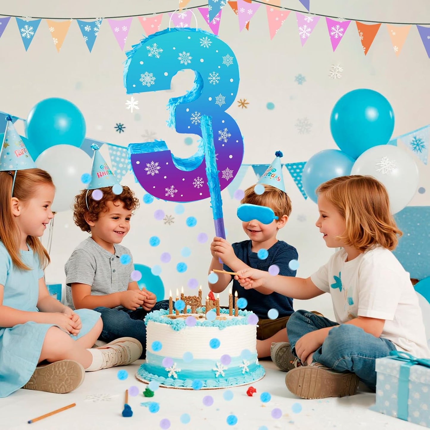Snowflake Birthday Decorations, Winter Ice Snowflake Number 3 Pinata with Stick Blindfold and Confetti Snowflake Piñata 3rd Birthday Party Decoration & Supplies (Snowflake 3)