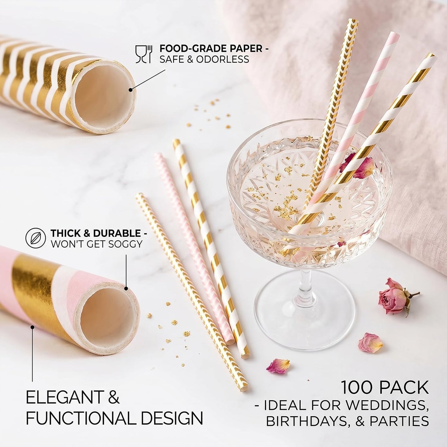 ALINK Gold Pink Paper Straws, 100 Pack Striped Party Straws