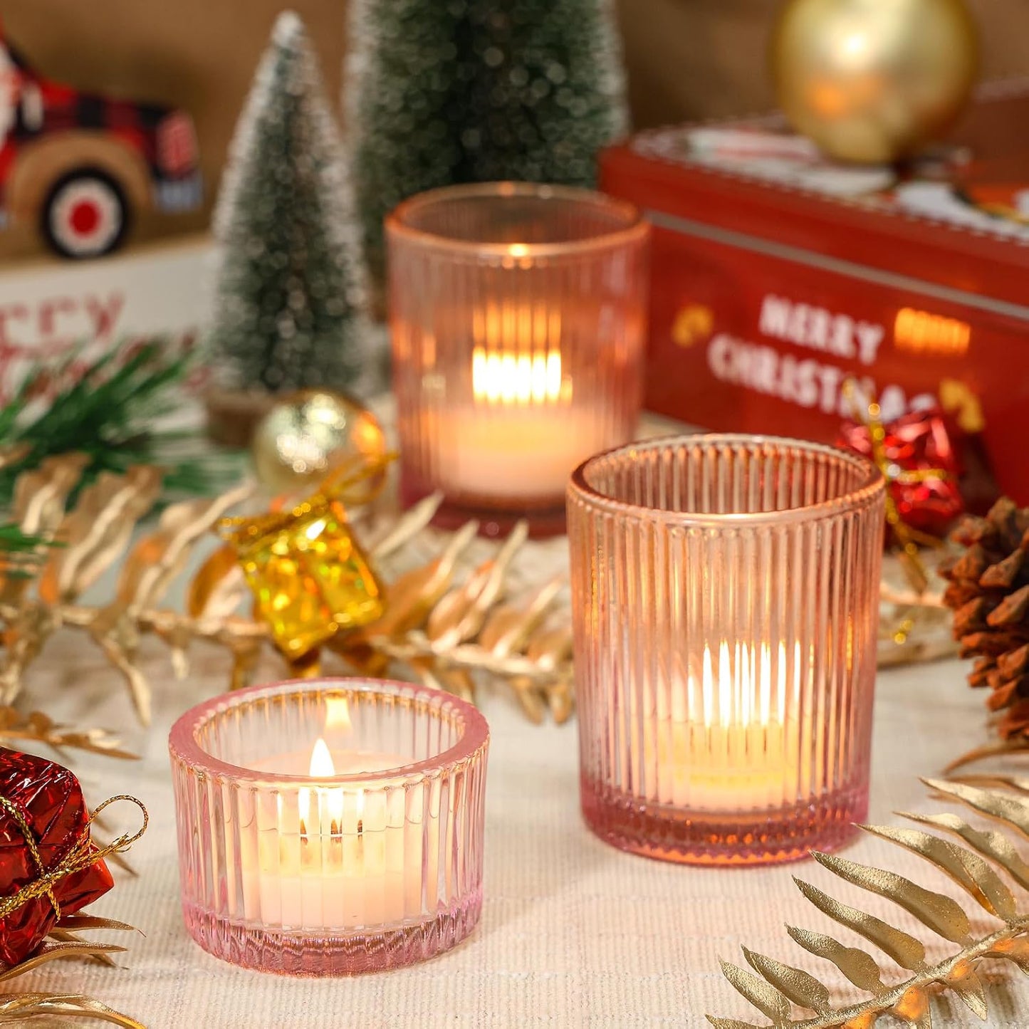 24 Pcs Glass Votive Candle Holders – Assorted Ribbed Pink Tea Light Holders Bulk for Weddings, Baby Showers, Parties, Home Décor, and Table Centerpieces