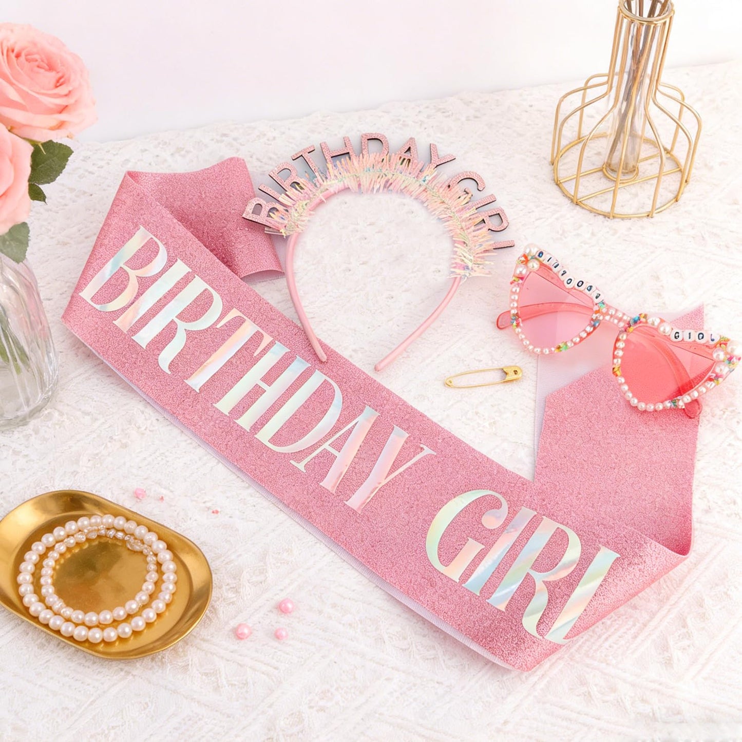 Atoden Birthday Girl Sash Glitter Headband Tiara Crown Sunglasses Pink Happy Birthday Decorations