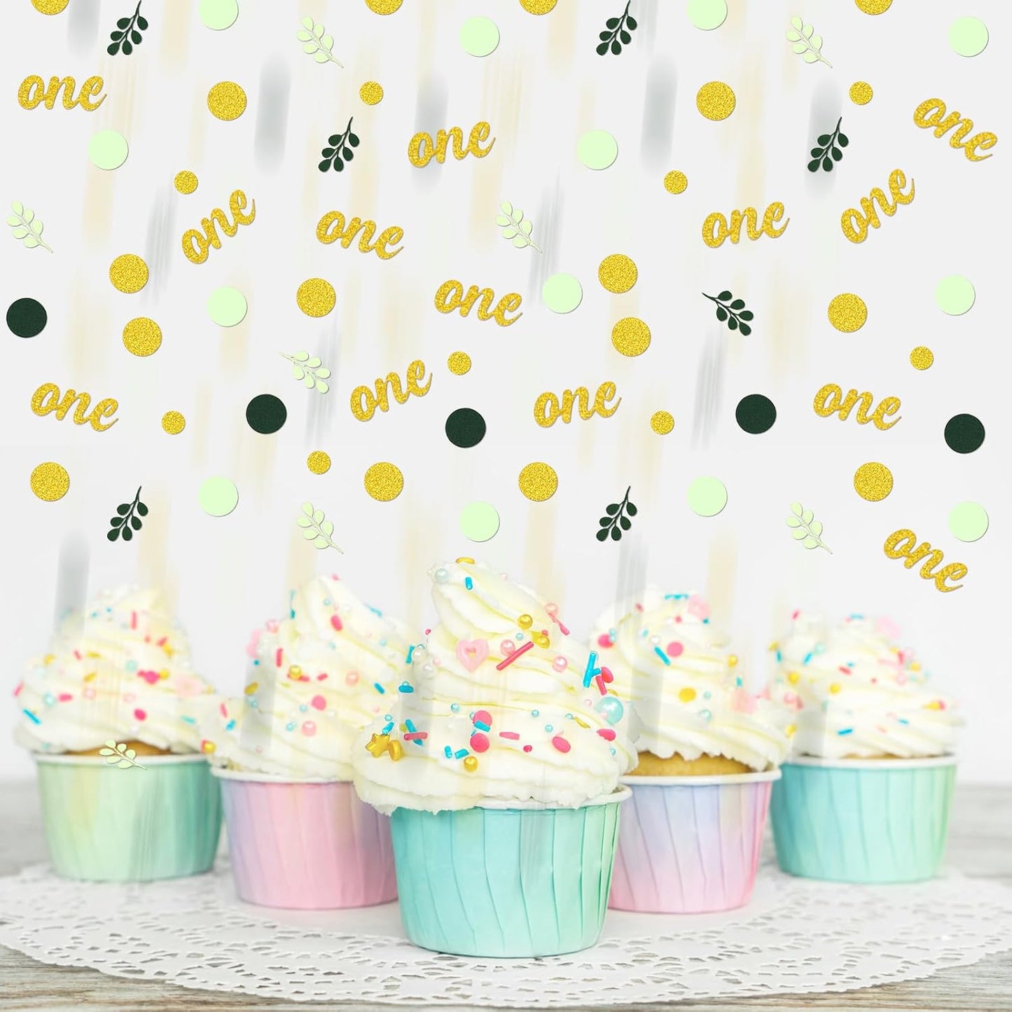 300PC Gold Glitter and Sage Green First Birthday Decorations for Girl/Boy Greenery Happy 1st Birthday Confetti for Table for Baby One Year Old Party Decor Supplies