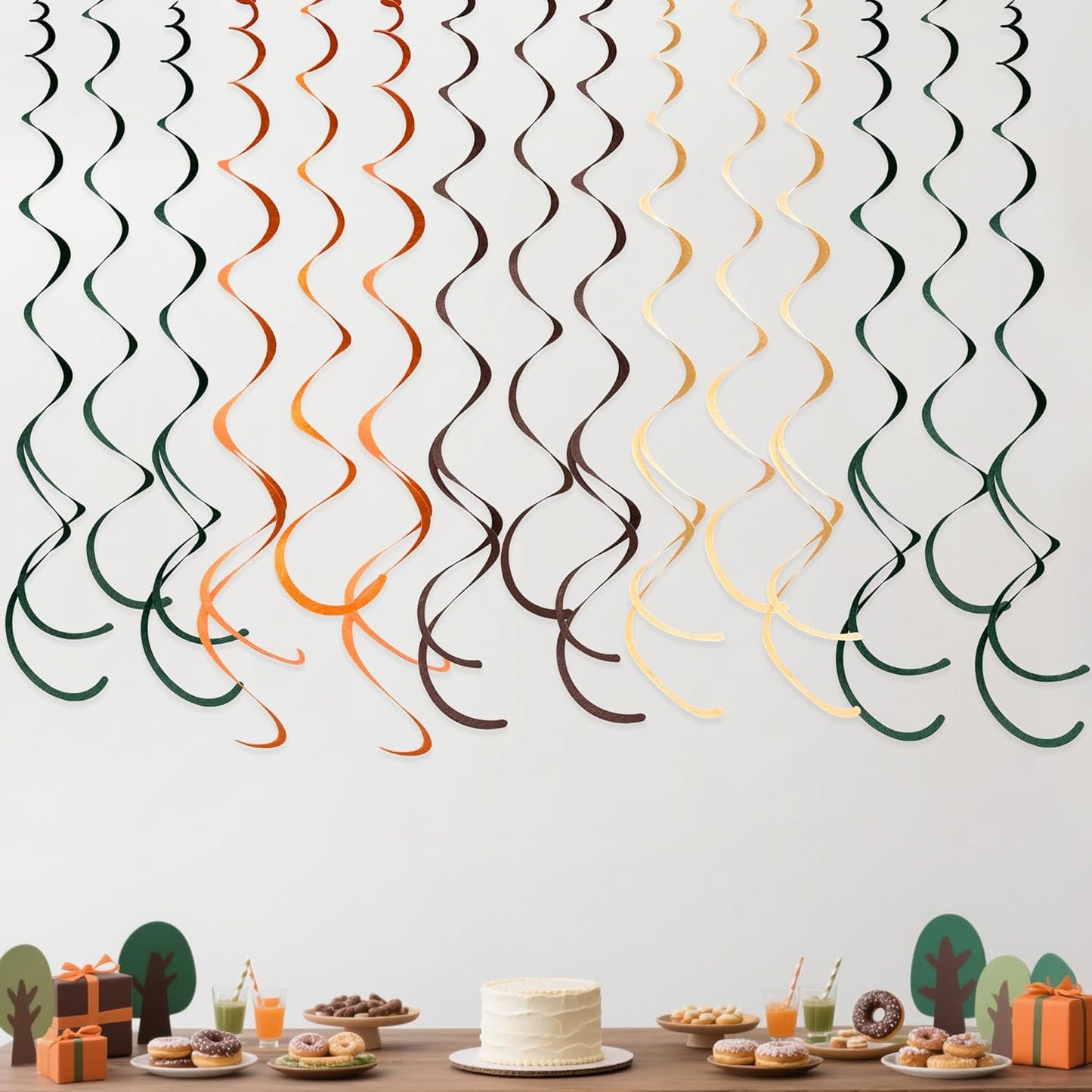 36 Pcs Green Brown Orange Beige Hanging Swirl Decorations Felt Swirl Streamer Spiral Ceiling Garland for Woodland Safari Jungle Wild One Birthday Neutral Baby Shower Party Decorations Supplies