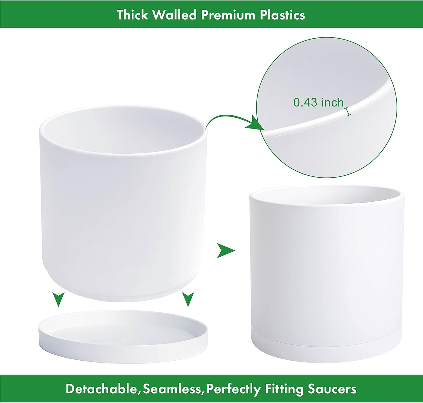 D'vine Dev 2 Pack 14 Inch Modern Plastic Plant Pots, Cylindrical Garden Planters for Plants with Drainage Holes and Saucers, White, 74-Z-Q-1
