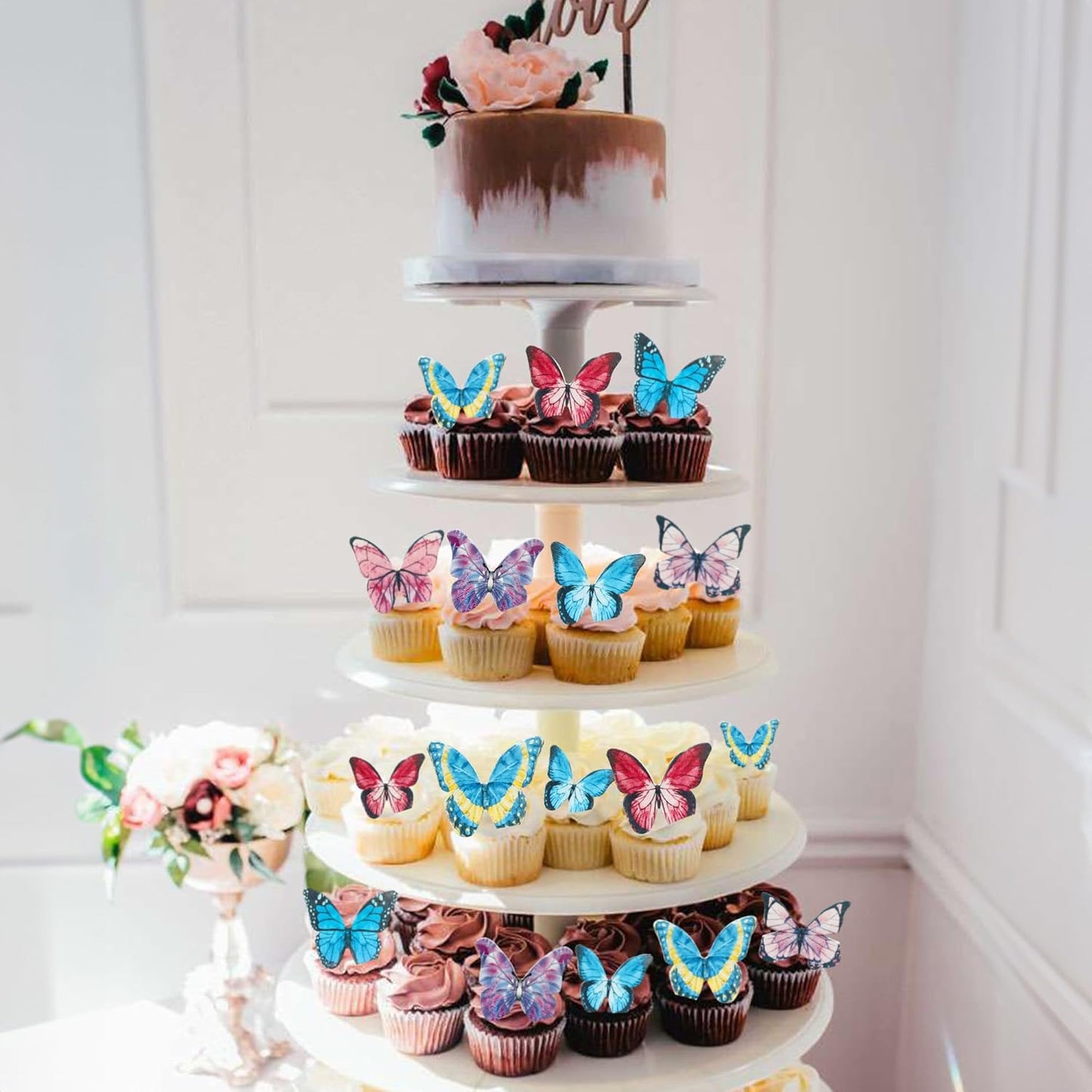 Ephlyn 40Pcs Edible Butterfly Cupcake Toppers 3D Butterfly Cake Picks Mixed Color Cake Decorations for Baby Shower Wedding Kids Birthday Party Supplies Dark Multicolor