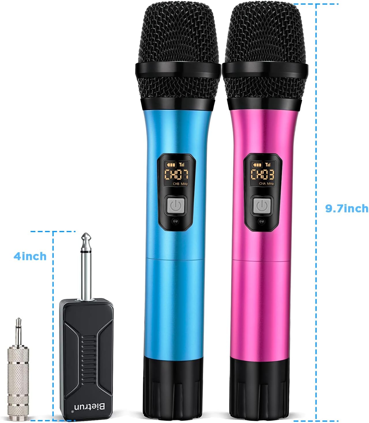 Wireless Microphone, Bietrun UHF Metal Dual Handheld Cordless Dynamic Mic System with Rechargeable Receiver, 1/4‘’Output, for Karaoke, Church, Speech, Wedding, Party Singing(160 ft Range)-Auto Connect