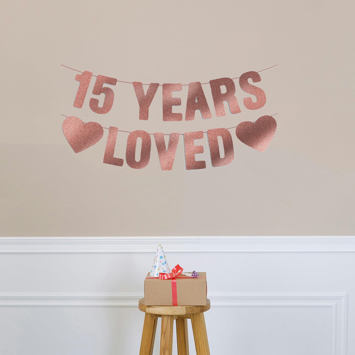 15th Birthday Party Decorations for Girls, Pre-Strung 15 YEARS LOVED Banner - Rose Gold Glitter