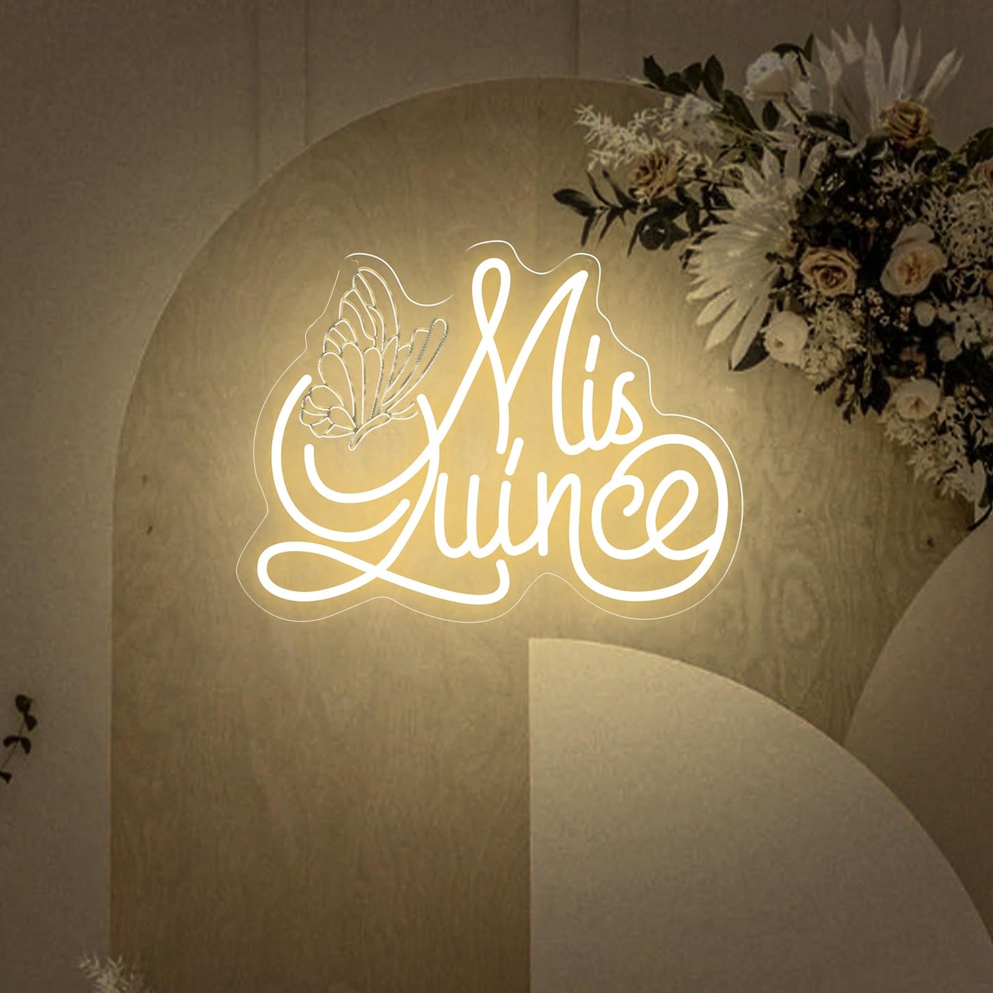Mis Quince Neon Sign with Engraved Butterfly Design for Quinceanera Decor