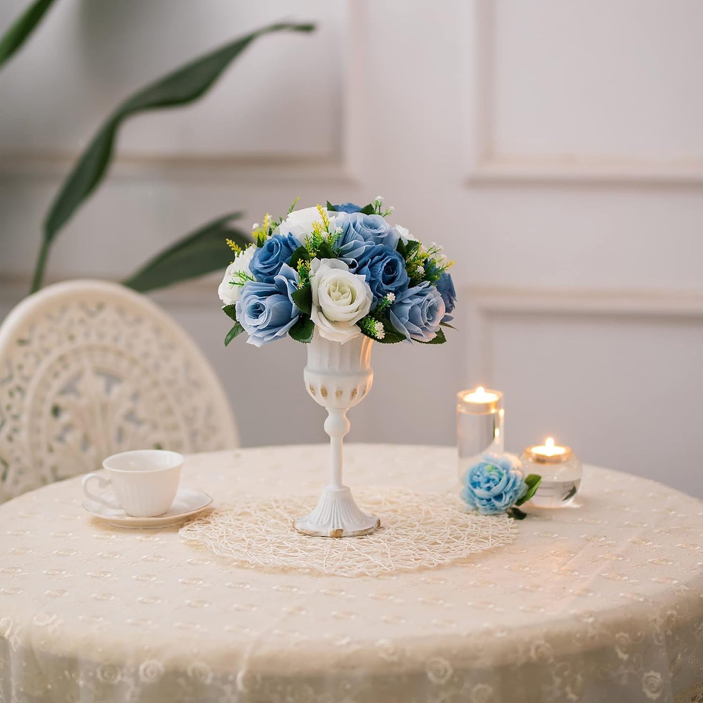 BLOSMON Flower Ball Centerpieces for Table 2 Pcs Fake Rose Centerpiece Flowers Dusty Blue Artificial Silk Floral Arrangement Center Piece Kissing Bouquet for Wedding Party Valentines Day Home Decor