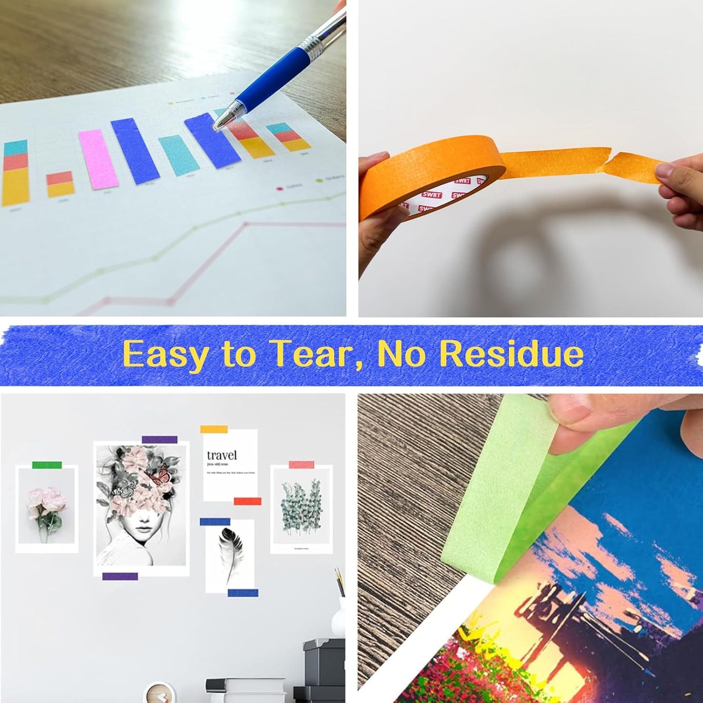 SWRT Colored Masking Tape 6-Pack, 1 Inch x 55 Yards Painter’s Tape Set, Colorful Craft Teacher Tape for Arts, Crafts, Labeling & Classroom – Easy Tear, Residue-Free