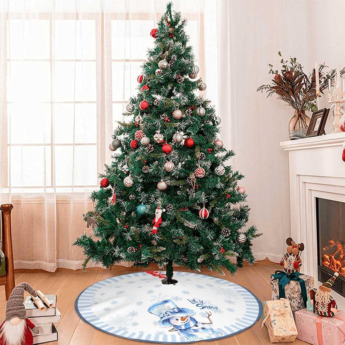Let It Snow Snowman Christmas Tree Skirt 48 Inches, Blue Snowflake Tree Skirt, Winter Xmas Tree Mat for Home Party Holiday Indoor Outdoor Decorations (Blue, 48in)
