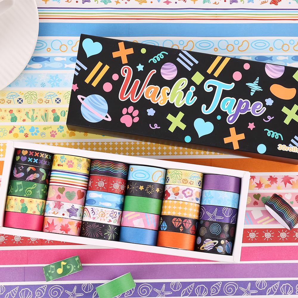 30 Rolls Colorful Theme Washi Tape Set with Different Colorful Patterns, Writable Decorative Tapes for Scrapbooking, Bible Journaling, Bullet Journaling, 0.6'' x 79'' per Roll