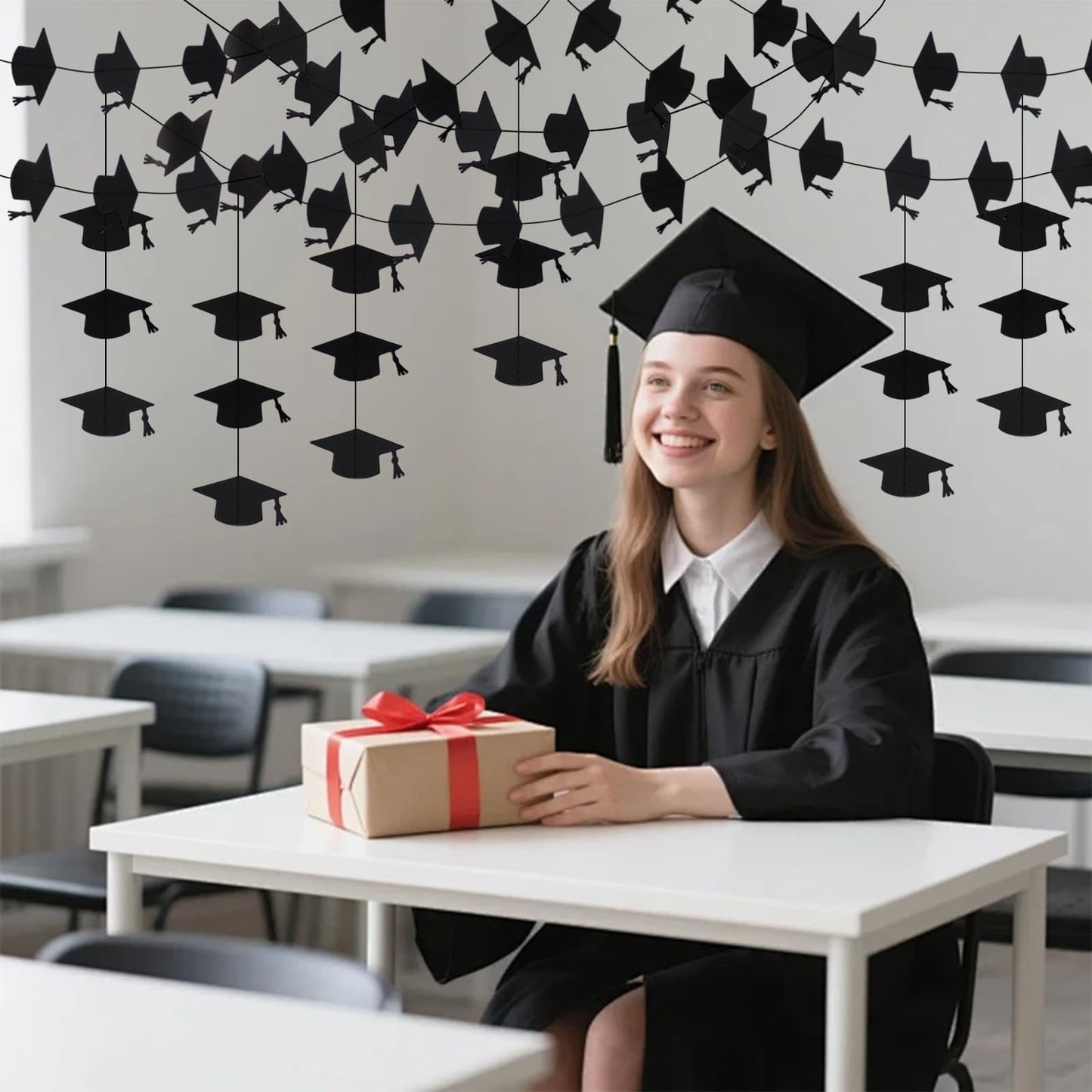 Blopee Black Graduation Garland Graduation Party Decorations Class of 2026 Grad Cap Garland Banner