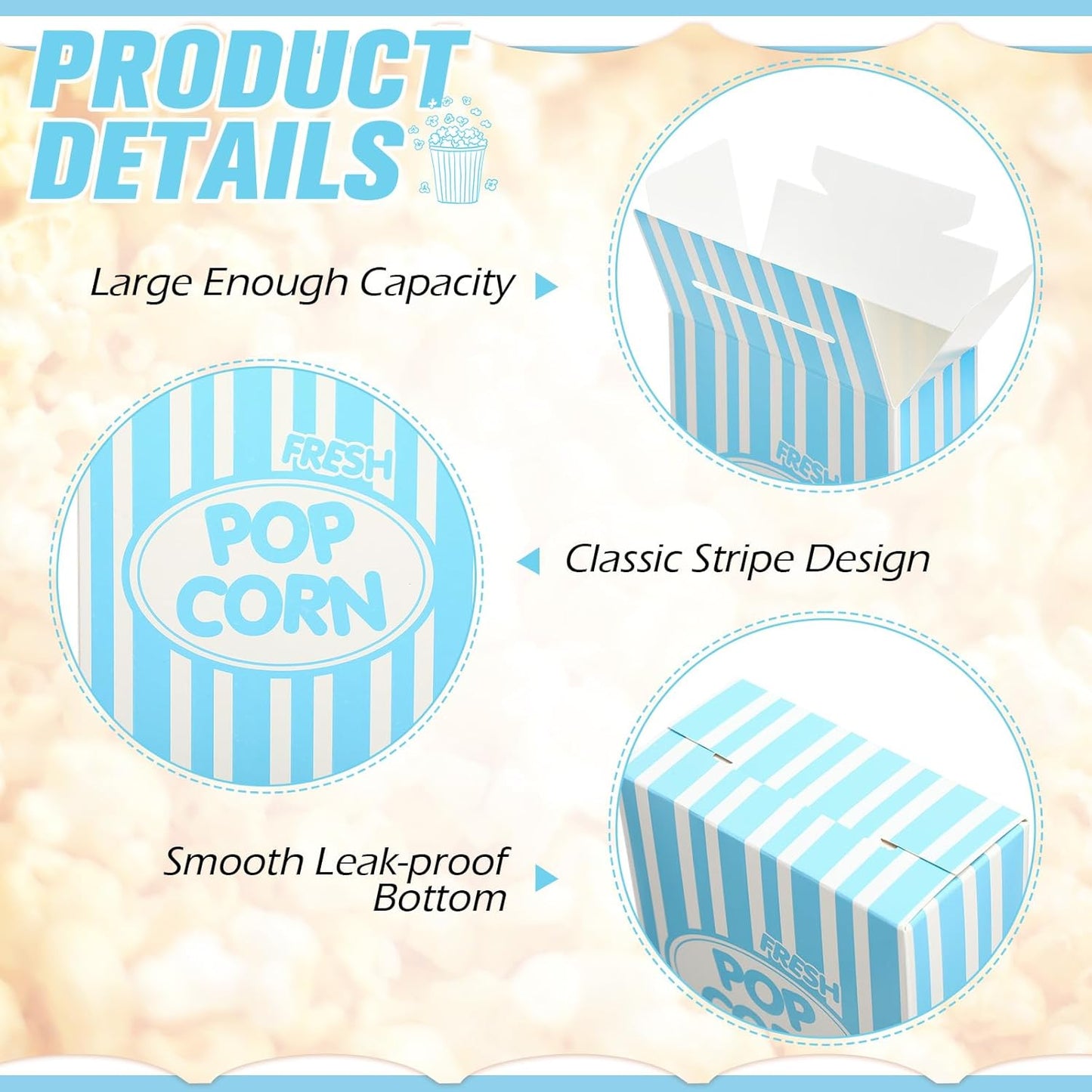 Xinnun 200 Pcs Paper Popcorn Boxes 1 oz Close Top Oil Proof Disposable Popcorn Container 6 x 4 x 2 Inch Stripes Leak Proof Popcorn Boxes for Party Movie Party Theater Night Birthday (Blue)