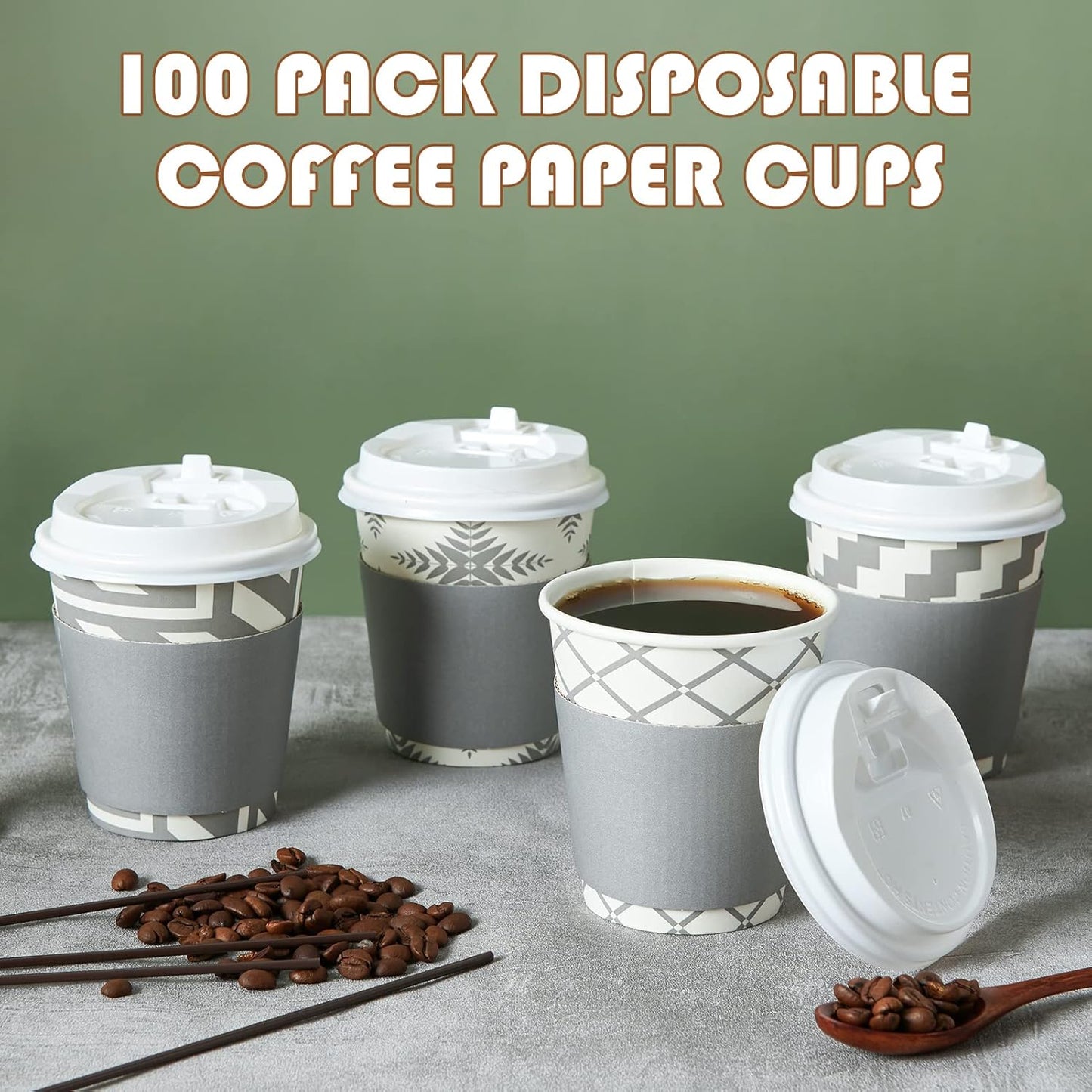 LITOPAK 100 Pack 10 oz Paper Coffee Cups with Lid, Sleeve, and Straws, Four Designs of Disposable Hot Coffee Cups for Home, Stores, and Cafes