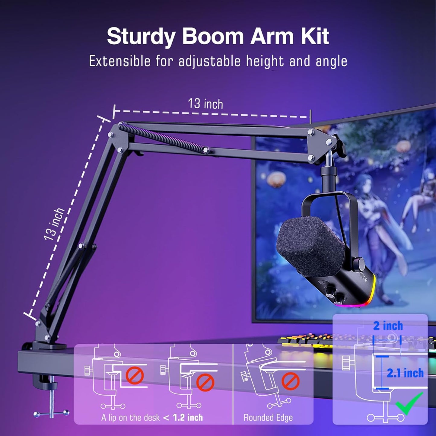 FIFINE XLR/USB Gaming Microphone Set, Dynamic PC Mic for Streaming Podcasting, Computer RGB Mic Kit with Boom Arm Stand, Mute Button, Headphones Jack, for Recording Vocal Voice-Over-AmpliGame AM8T