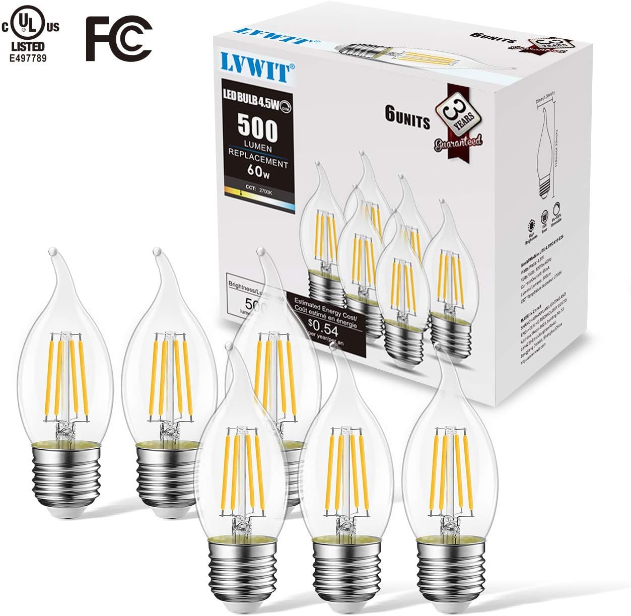 LVWIT Flame Tip LED Filament Bulb Candelabra E26 Base Dimmable 4.5W (60W Equivalent) B11 Chandelier Candle Light Bulb,2700K Warm White 6-Pack