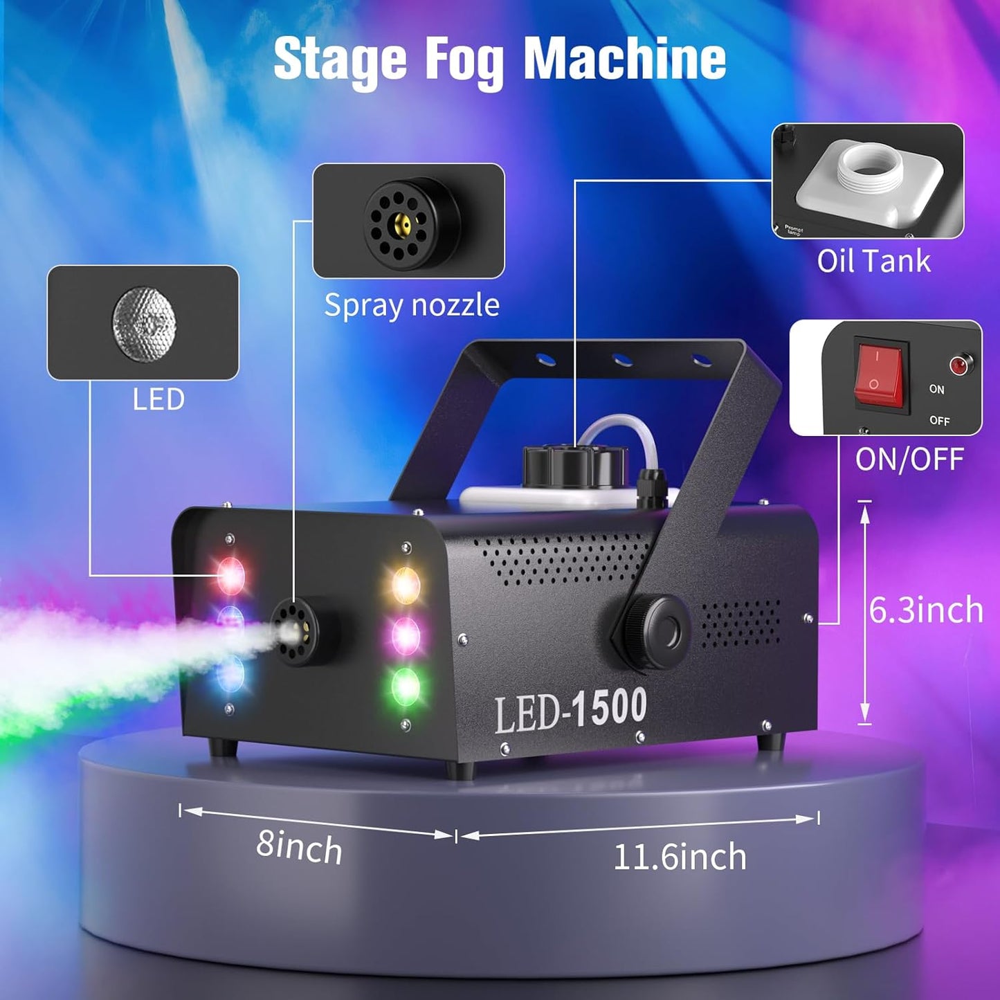 Fog Machine with 6 RGB LED Lights, 1500W Smoke Machine for Stage Party Halloween Christmas DJ Performance Wedding
