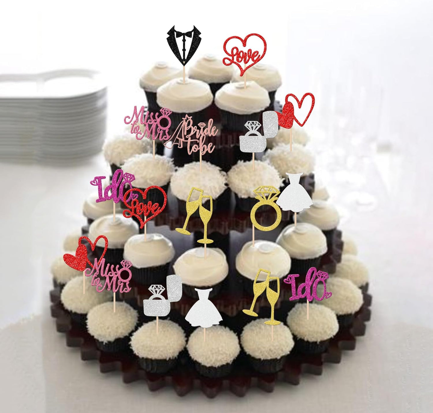 30 PCS He Asked She Said Yes Cupcake Toppers Glitter Engagement Cupcake Toppers Miss to Mrs I Do Love Heart Ring Miss to Mrs Cupcake Picks for Wedding Engagement Party Cake Decorations Supplies Multi