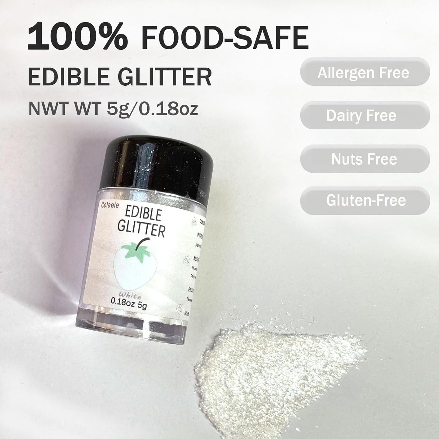 White Edible Glitter Glimmer Powder for Cakes Drinks - Colaele 5 grams Food-Grade Luster Dust Metallic Food Decorating Sprinkle Glimmery Brew Dust for Baking Dessert Chocolates Decorations, Vegan