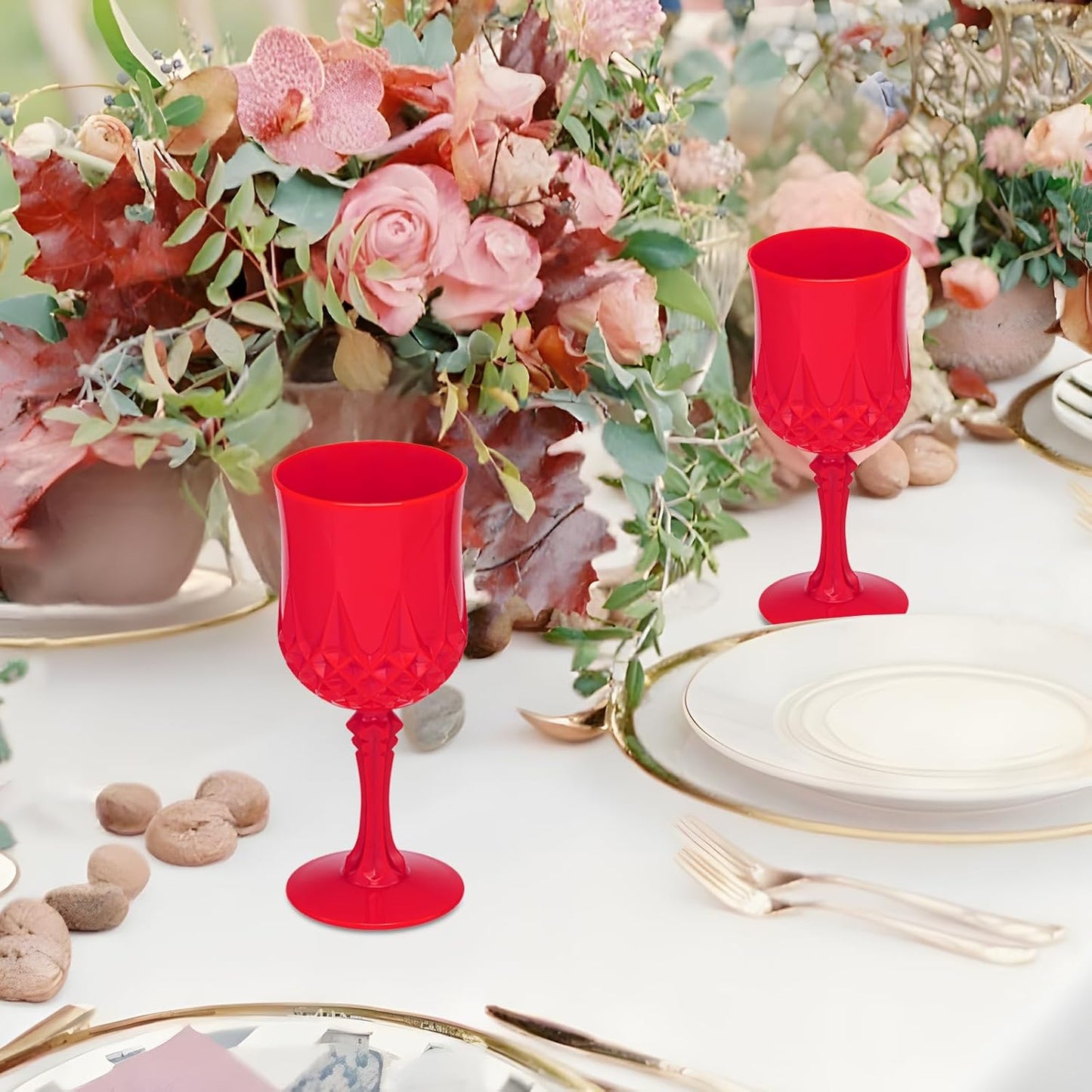 JLYLOL Plastic Vintage Wine Glasses 7OZ Plastic Goblets Vintage Drinking Glasses 24PCS Retro Wedding Glassware Water Goblets Reusable Drinking Cups for Party,Reception,Celebration,Bar,Whiskey(Red)