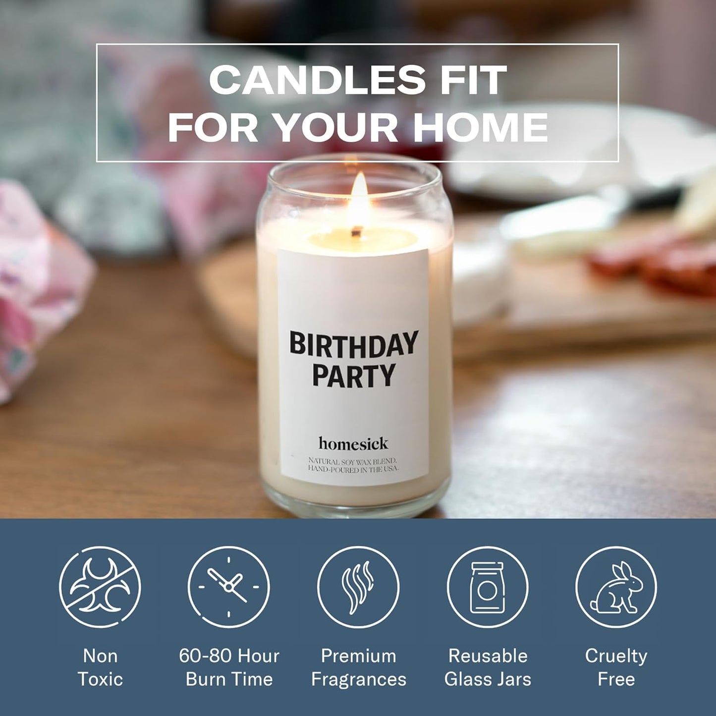 Homesick Scented Candles for Home (Birthday Party) - 13.75 oz Long-Lasting Natural Soy Wax Blend Jar Candle Gifts for Women & Men, 60-80 Hours Burn Time - Notes of Butter, Cream & Vanilla