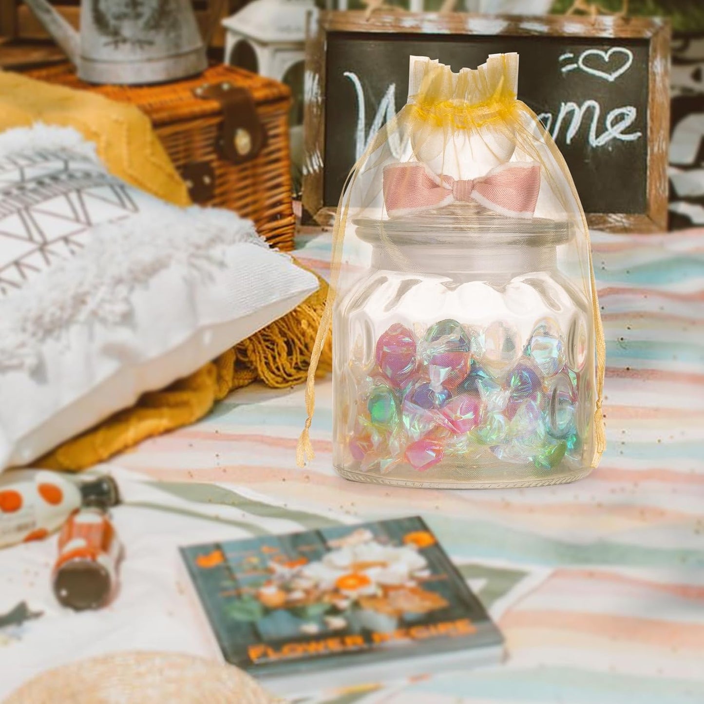 ANZNKU 50 Pack Organza Bags 6x9 Inch Mesh Gift Bags Small Packaging Bag Mesh Bag Drawstring for Candy Wedding Party favor(Gold)