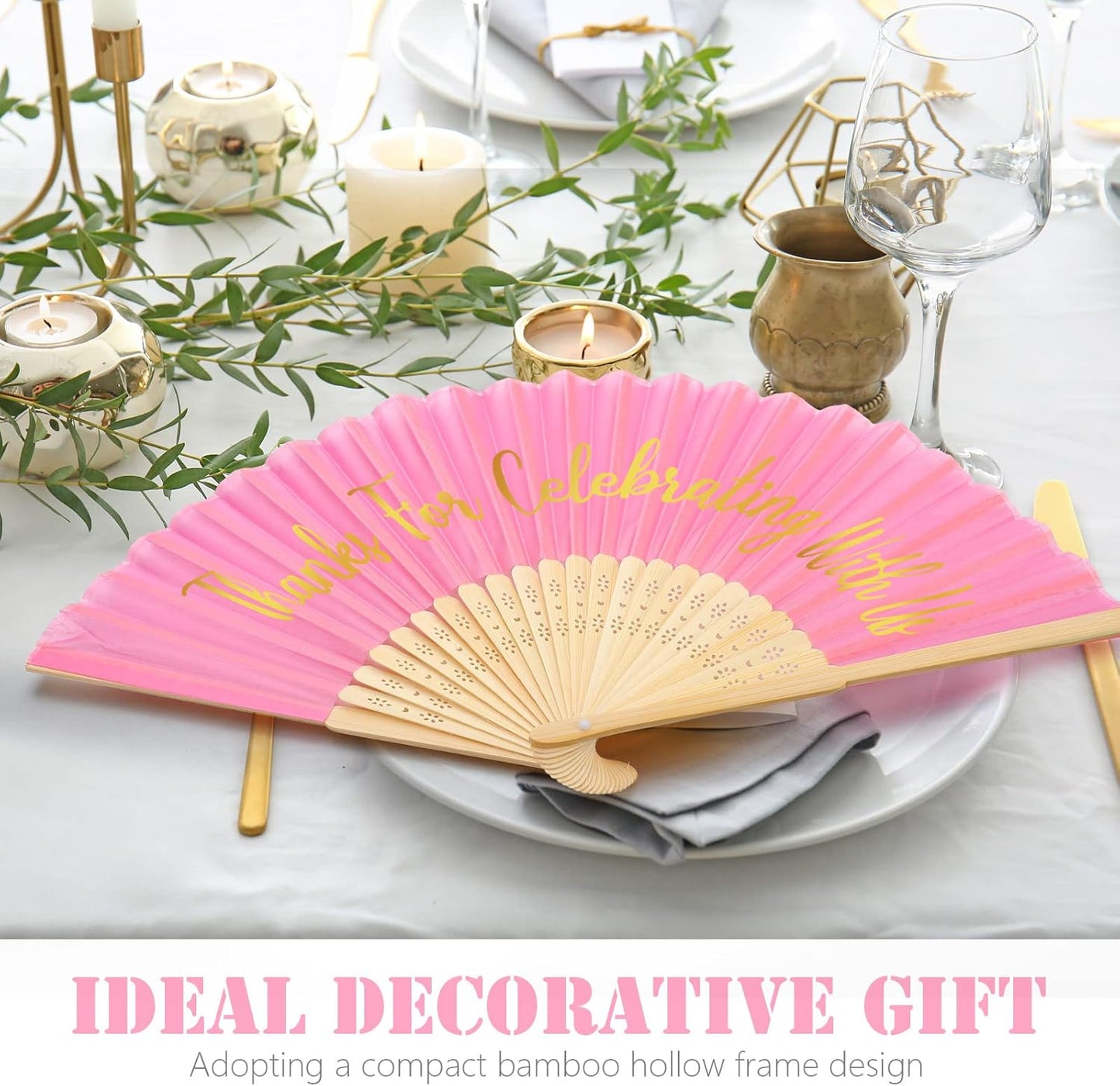 Jetec 50 Pcs Wedding Fans for Guests Bulk Silk Hand Fans Handheld Folded Thank You for Celebrating with Us Wedding Favors for Bridal Bridesmaid Baby Shower Dancing Party Church Gift(Pink)